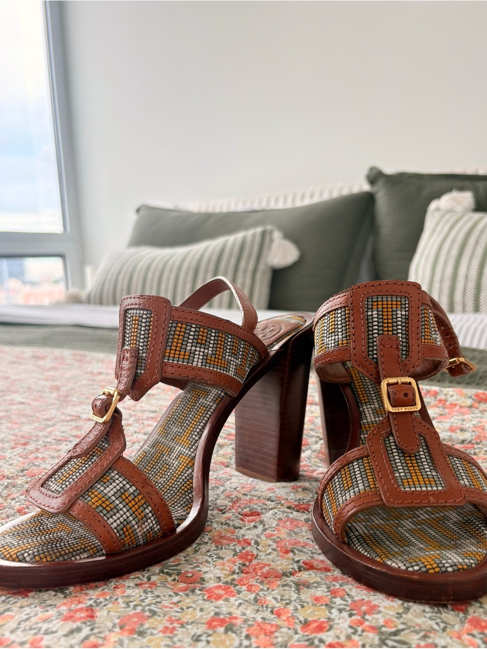 Tory Burch Aztec Brown Leather Beaded High-Heel Sandals